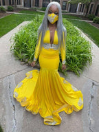 Robes de soirée jaune sirène à décolleté plongeant avec appliques Y570