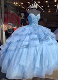 Vestido de Baile Fofo, Vestidos de Princesa em Tule Azul, Vestido de Quinceanera Azul Y528