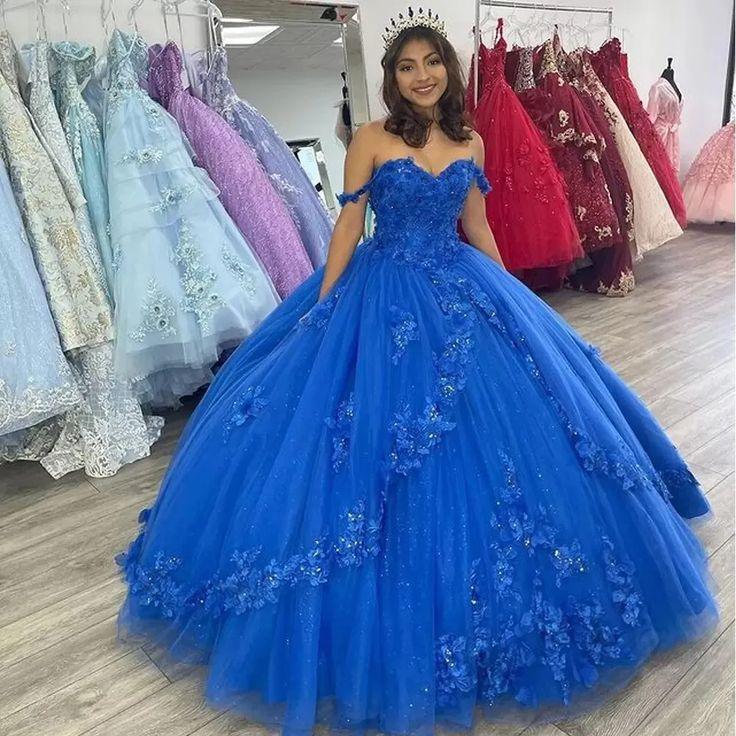 Vestido de Baile Azul Real com Ombros Descobertos para Quinceanera, Moda com Flor 3D em Tule, Vestido de Princesa Doce 16 Y524