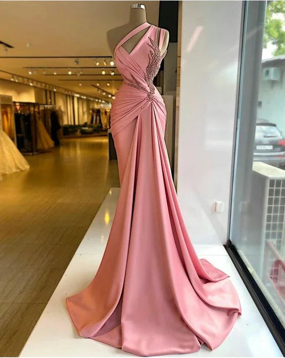 Robes de bal plissées roses, robes de bal ornées de perles, robes de soirée en satin, robes de bal arabes Y560