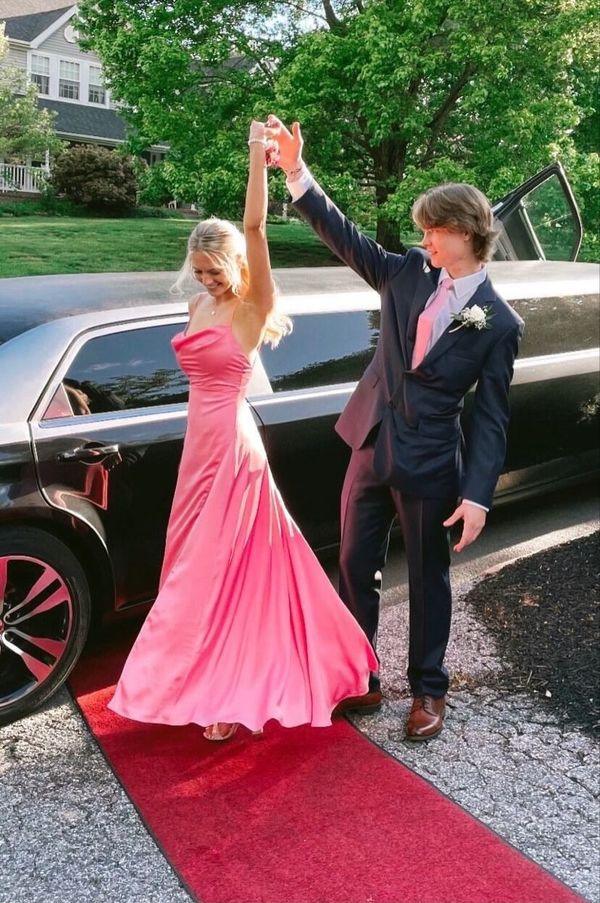 Robes de bal longues en satin rose doux, bretelles spaghetti, coupe fourreau, robe de soirée longue Y538