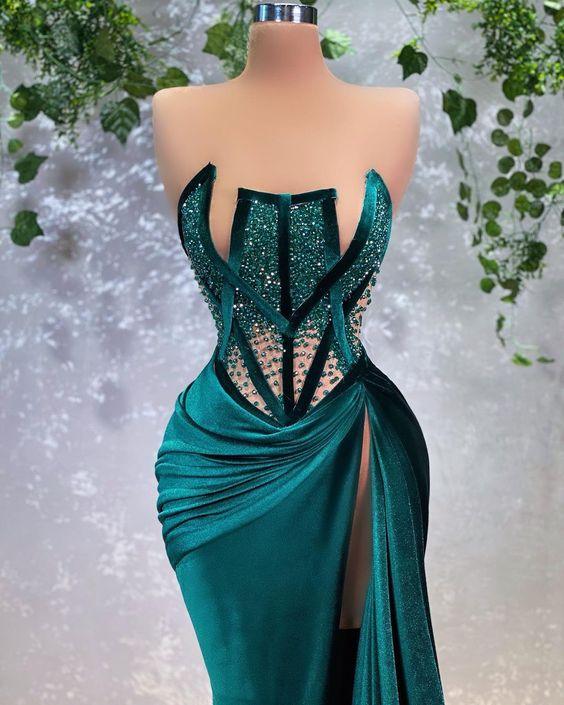 Sexy Abendkleid mit Perlenverzierung Einzigartiges langes Ballkleid mit hohem Schlitz Y569