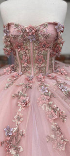 Pink Tulle Floral Appliques Ball Gown Sweet 16 Dress Y527