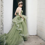 Vestido de baile de gala primavera verde-sálvia com alças S21224
