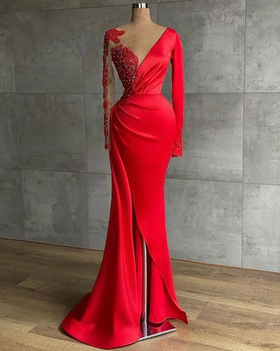 Long Red Satin Evening Dresses Sheer Neckline Long Sleeve Beaded African High Slit Women Formal Prom Dress S24678
