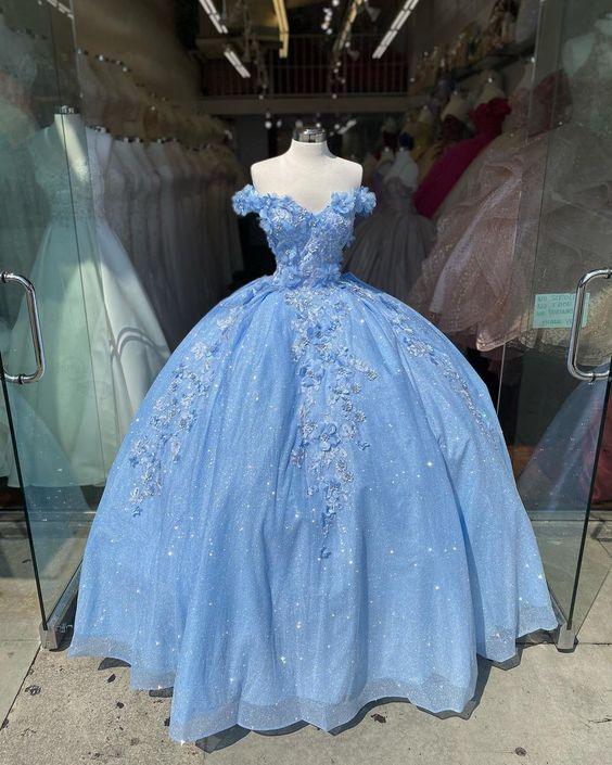 Vestido de baile azul com ombros descobertos, vestido cintilante de baile com flores S26908