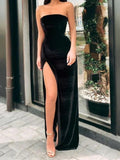 فساتين سهرة طويلة من المخمل الأسود بدون أكتاف، فساتين سهرة رسمية طويلة من المخمل الأسود S26588