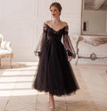 Vestido de noche elegante negro con ilusión, manga larga, escote en V, aplicaciones de encaje, espalda descubierta, línea en A, largo hasta el tobillo S26660