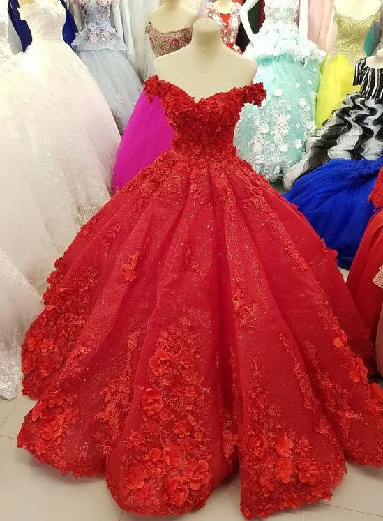 Luxuriöses schulterfreies rotes Ballkleid mit 3D-Blumen, Kleid für die Quinceañera Y1217