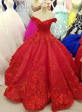 Luxuriöses schulterfreies rotes Ballkleid mit 3D-Blumen, Kleid für die Quinceañera Y1217
