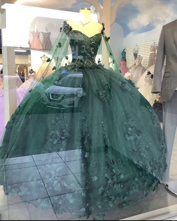 Abito da ballo verde smeraldo con spalle scoperte a fiori, nuovo arrivo, abito per sedicesimo compleanno Y1226