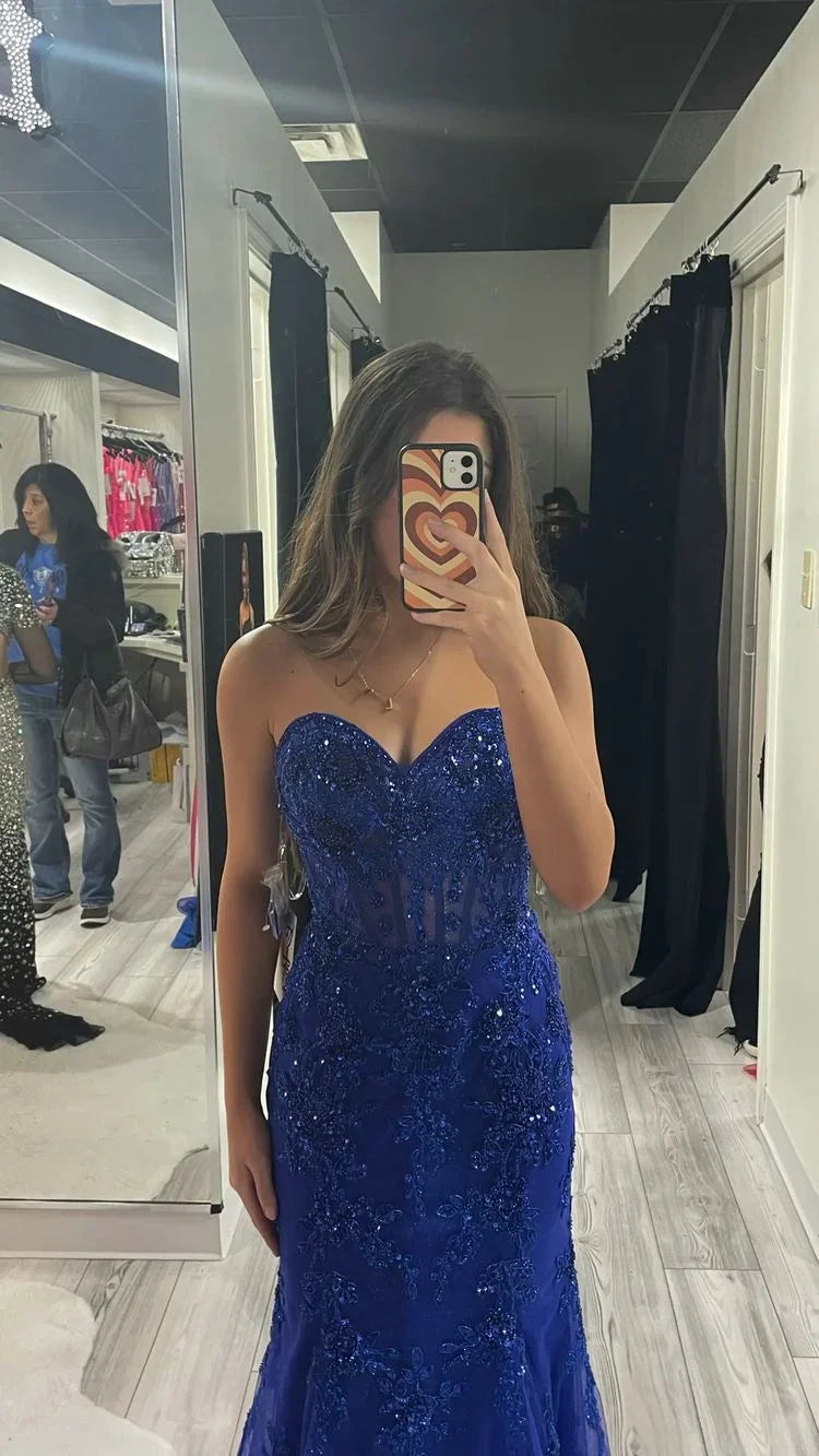 Robe de bal formelle en tulle et dentelle bleu roi Sweetheart, robe de soirée sirène sans manches bleu roi Y1203