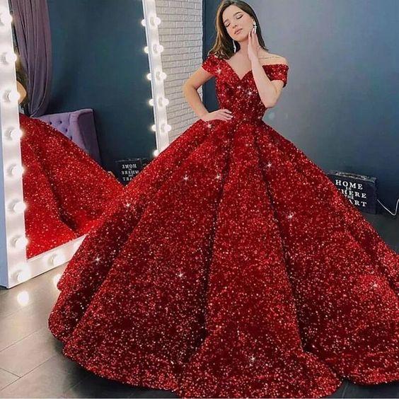 Luxuriöse funkelnde rote Ballkleider Quinceañera-Kleider schulterfreie Pailletten-Wettbewerbskleider langes Prinzessinnen-Süß-16-Kleid Y1210