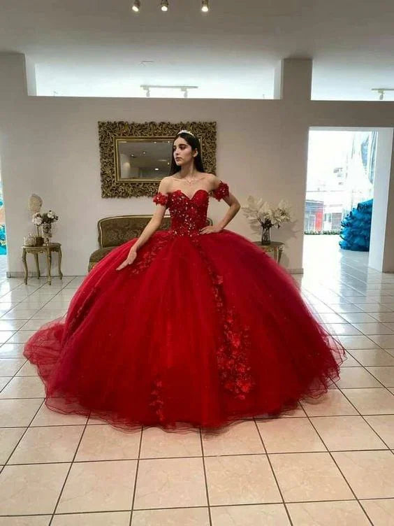 Wunderschönes Luxuriöses Rotes Tüll-Quinceañera-Kleid, Süßes 15-Kleid, Rotes Ballkleid Y1209