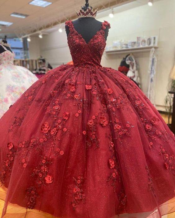 Prinzessinnenballkleid Quinceañera-Kleider, Spitzenbesetztes Perlenkleid mit V-Ausschnitt, Kleid für den 16. Geburtstag Y1213