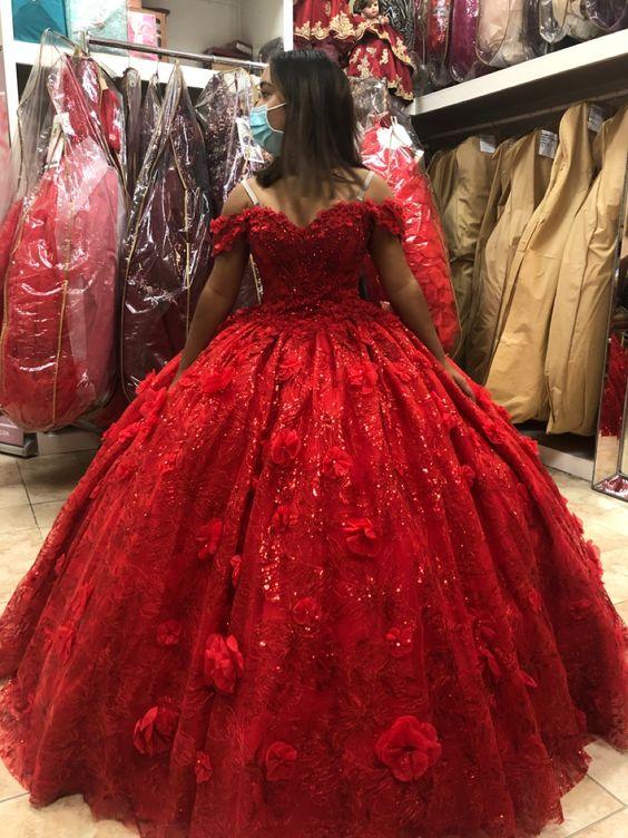 Atemberaubendes rotes schulterfreies Ballkleid, 3D-Blumen Quinceañera-Kleid, Kleid für den sechzehnten Geburtstag Y1219