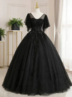 Ball Gown Luxurious Floral Quinceanera Prom Dress Scoop Neck Short Sleeve Floor Length Tulle with Pleats Embroidery Y147