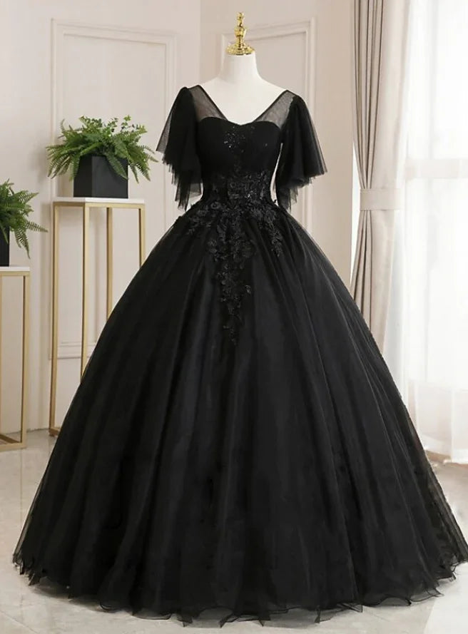 Ball Gown Luxurious Floral Quinceanera Prom Dress Scoop Neck Short Sleeve Floor Length Tulle with Pleats Embroidery Y147