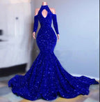 Robe de soirée longue sirène à manches longues, grande taille, bleu royal, paillettes scintillantes, élégante, épaules dénudées, robe formelle pour femmes Y1271