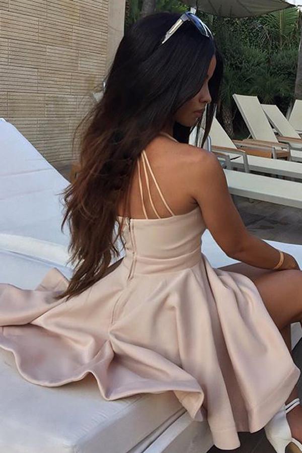 Schlichtes rosa A-Linie V-Ausschnitt ärmelloses Mini-Cocktail-Heimkehrkleid 
