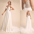 Vestido de Noiva Simples Decote em V Alças Finas Chiffon Linha A Com Costas em Renda 2025