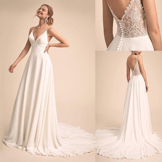 Vestido de Noiva Simples Decote em V Alças Finas Chiffon Linha A Com Costas em Renda 2025