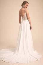 Vestido de Noiva Simples Decote em V Alças Finas Chiffon Linha A Com Costas em Renda 2025