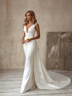 Vestido de Noiva Sereia Simples e Elegante em Cetim com Sobressaia Destacável e Laço 2025 Vestido de Noiva com Laço Tamanhos Grandes
