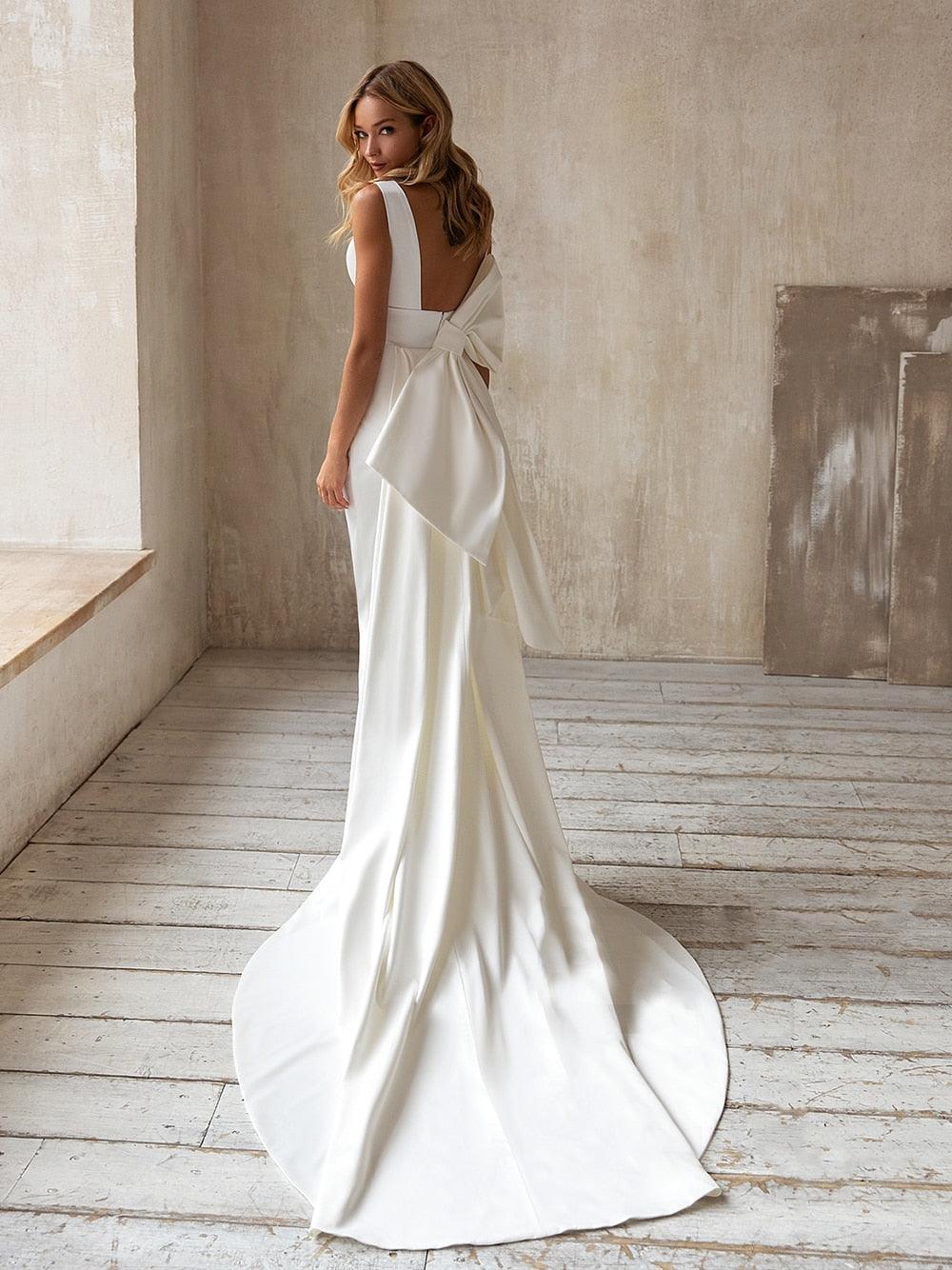 Vestido de Noiva Sereia Simples e Elegante em Cetim com Sobressaia Destacável e Laço 2025 Vestido de Noiva com Laço Tamanhos Grandes
