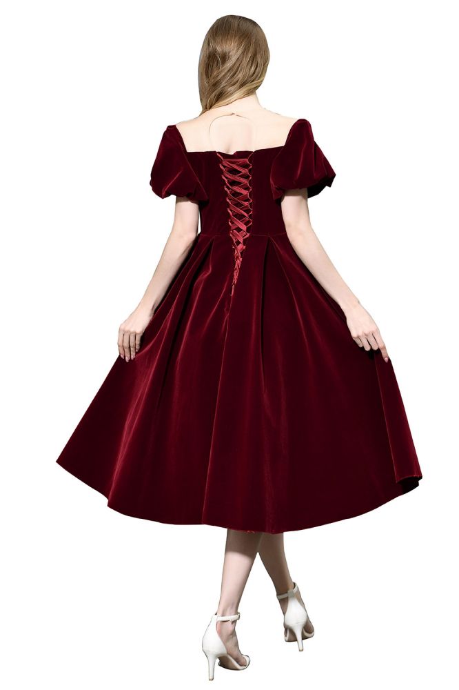 Robe quotidienne décontractée en velours à manches bouffantes et longueur cheville, col en V profond, robe de fête vintage