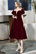 Robe quotidienne décontractée en velours à manches bouffantes et longueur cheville, col en V profond, robe de fête vintage