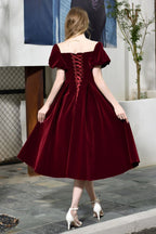 Robe quotidienne décontractée en velours à manches bouffantes et longueur cheville, col en V profond, robe de fête vintage