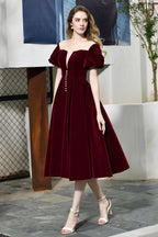 Robe quotidienne décontractée en velours à manches bouffantes et longueur cheville, col en V profond, robe de fête vintage