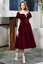 Robe quotidienne décontractée en velours à manches bouffantes et longueur cheville, col en V profond, robe de fête vintage