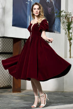 Robe quotidienne décontractée en velours à manches bouffantes et longueur cheville, col en V profond, robe de fête vintage