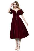 Robe quotidienne décontractée en velours à manches bouffantes et longueur cheville, col en V profond, robe de fête vintage
