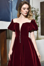 Robe quotidienne décontractée en velours à manches bouffantes et longueur cheville, col en V profond, robe de fête vintage