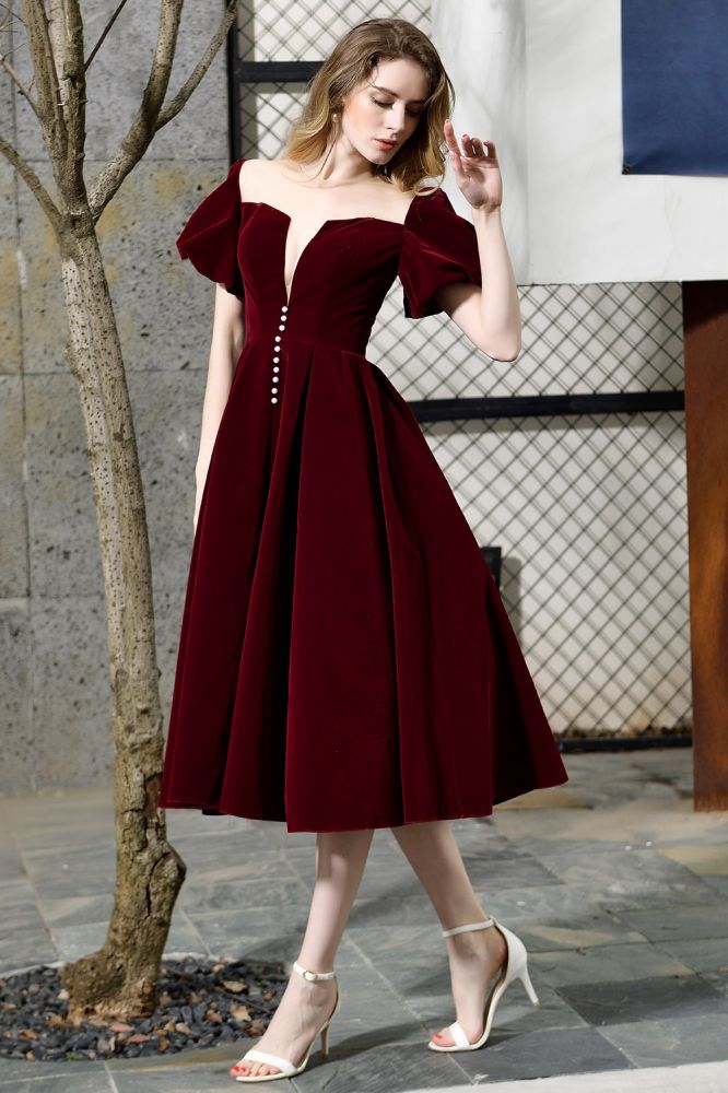 Robe quotidienne décontractée en velours à manches bouffantes et longueur cheville, col en V profond, robe de fête vintage
