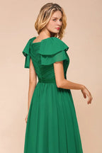 Puff Sleeve Floor Length Bridesmaid Dress A-line Wedding Guest Dress