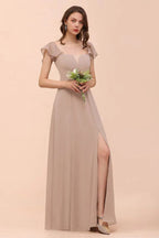 Puff Sleeve Khaki Bridesmaid Dress Side Spolit Maid of honor dress