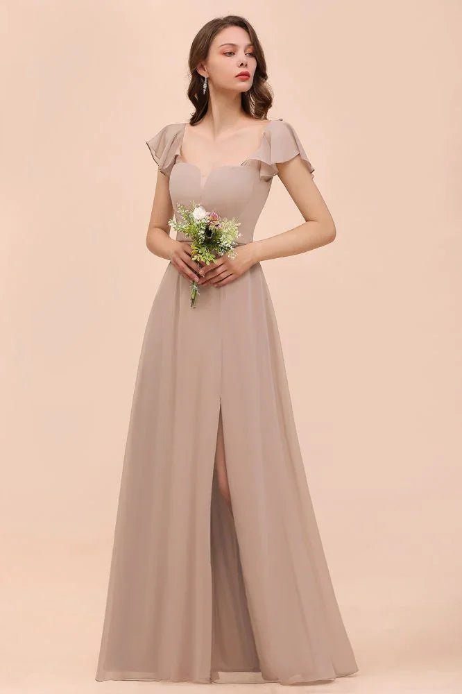 Puff Sleeve Khaki Bridesmaid Dress Side Spolit Maid of honor dress