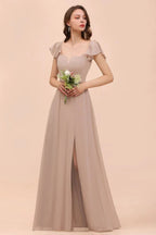 Puff Sleeve Khaki Bridesmaid Dress Side Spolit Maid of honor dress