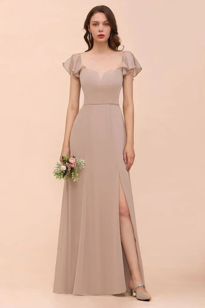 Puff Sleeve Khaki Bridesmaid Dress Side Spolit Maid of honor dress