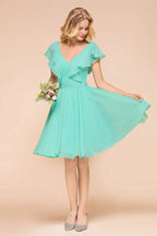 Puffy Knee Length Bridesmaid Dress Chiffon V-Neck Casual Short Dress