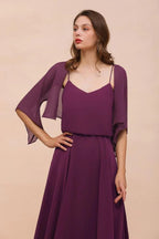 Purple Bridesmaid Dress with Wraps Spaghetti Straps Floor Length Casual Dress