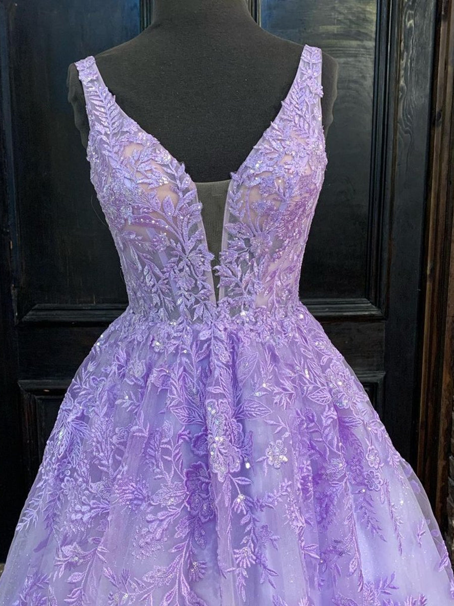 Abito lungo viola a linea ad A con scollo a V in tulle e pizzo per ballo di fine anno, cerimonia e serata formale