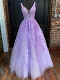 Abito lungo viola a linea ad A con scollo a V in tulle e pizzo per ballo di fine anno, cerimonia e serata formale