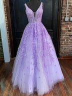 Abito lungo viola a linea ad A con scollo a V in tulle e pizzo per ballo di fine anno, cerimonia e serata formale
