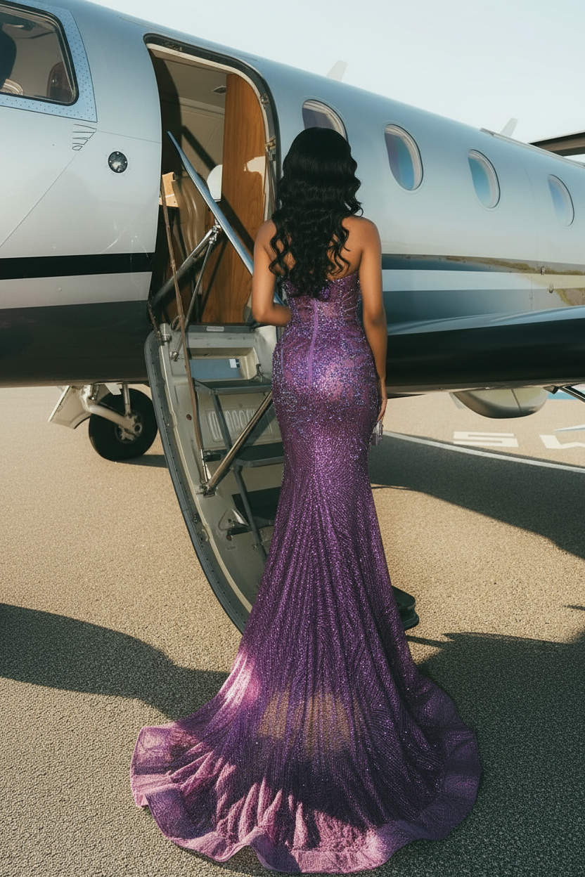 Purple Royalty Sequined Mermaid Prom Dress With 3D Florals And Train