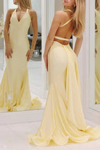 Quaylee | Yellow Mermaid V-Neck Satin Prom Dresses With Tail Evening Dress